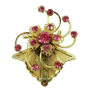 Vintage 1950s 60s Floral Atomic Brooch Pink Prong-set Rhinestones
